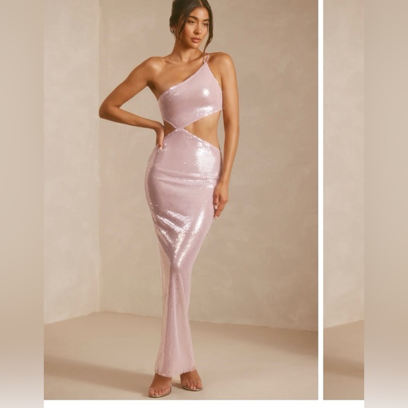 Oh Polly Isabel Sheer Sequin One Shoulder Cut Out Maxi Dress in Lilac - Picture 1 of 15